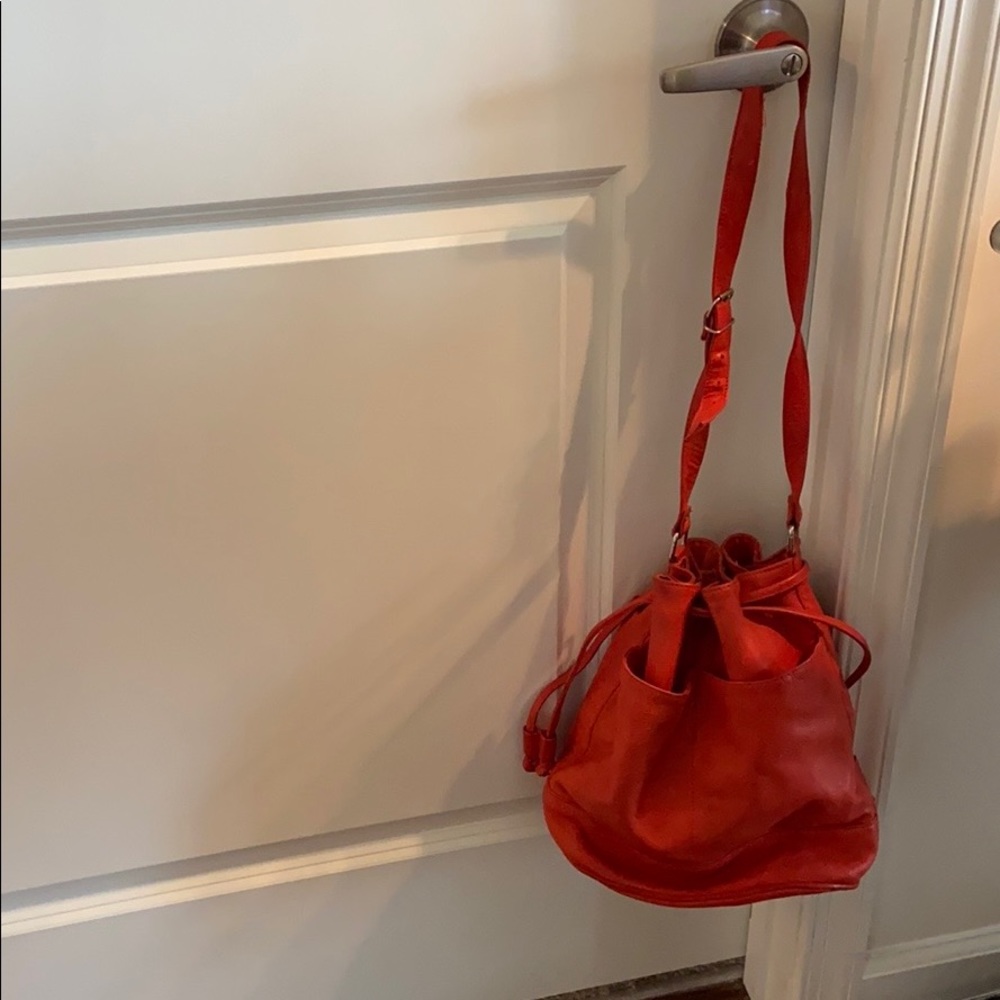 Red leather bucket purse